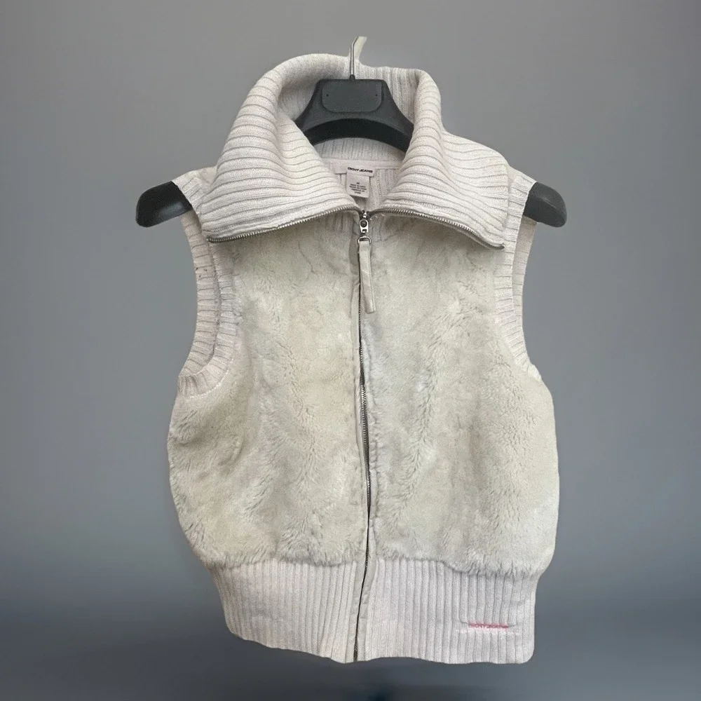 DKNY Jeans Women Cream Faux Fur Ribbed Knit‎ Full Zip Sweater Vest Size M